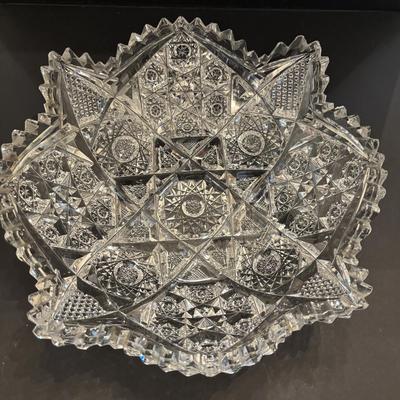 Antique American Brilliant Period Cut Glass Bowl Hobstar Diamond Pattern Sawtooth Rim ABP