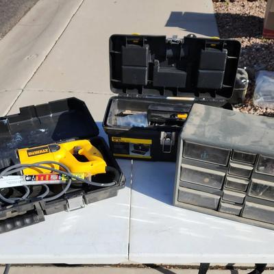 Power Tools - DeWalt Electric Saw, Stanley Storage Box, Garage Organizer