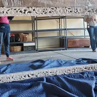 Beautiful White Ornate Carved Wooden Framed Mirror - 80" L X 39" H, White Floral & Swirls 