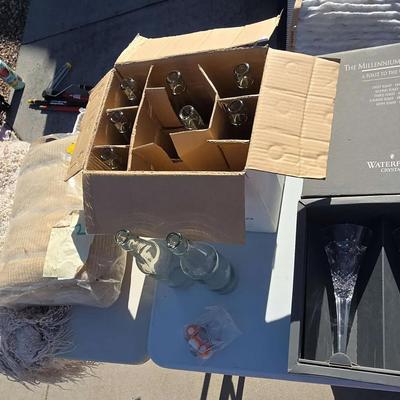 Fancy Home Entertaining - Waterford Crystal Glasses, (9) Glass Bottles, (3) Beige Blankets