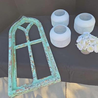 Rustic Farmhouse Decor - White Washed Window Pane, Floral Decor, Vases