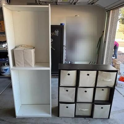 Indoor Storage Shelving - White 5-Shelf Unit + Brown 9 Cubby Unit with Fabric Inserts
