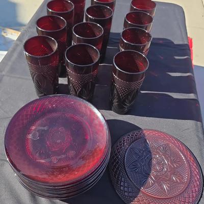 Vintage Etched Cristal d'Arques-Durand Red Ruby Glass Plates and Wine Drinking Glasses