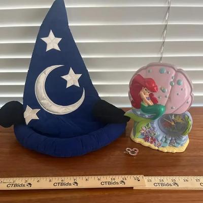 Disney! The Little Mermaid Ariel Clock / Piggy Bank, Mickey Mouse Fantasia Hat & Disneyland Pin 