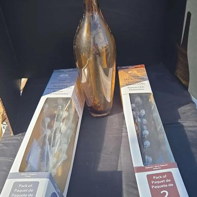 Decor Set - (2) LED Light Branches - Silver & Natural & A Beautiful Tall Orange Vase