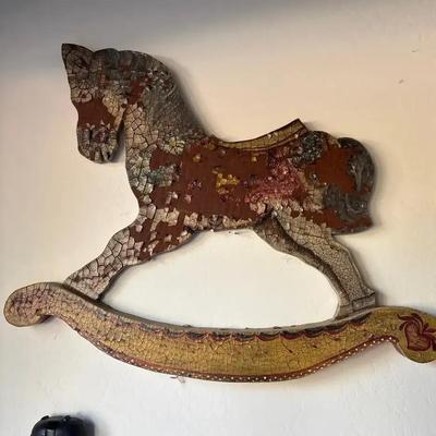 Antique Hand painted Rocking Horse Wall Hanging - Vintage Rustic Decor