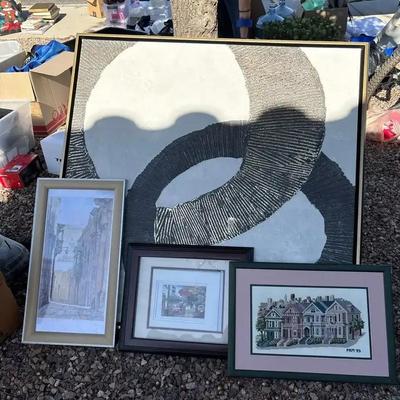 Framed Wall Art - Abstract Gold & Black Rings, Street Scene & Pike Place Prints, Cross-Stitch Houses