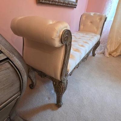 Sale Photo Thumbnail #258: Tufted Upholstered Bench with Carved Frame
