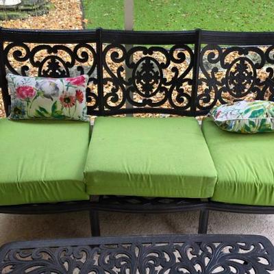 Sale Photo Thumbnail #143: Black Metal Outdoor Bench with Cushions
