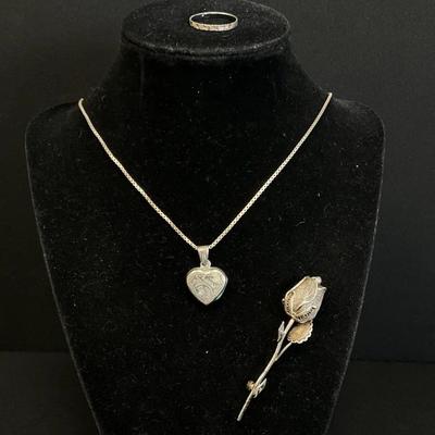 Sterling Silver Rose Pin And Heart Locket