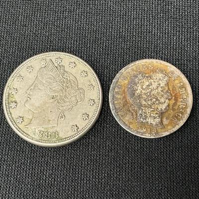 1883 Liberty Head Nickel & 1914 Minted Dime