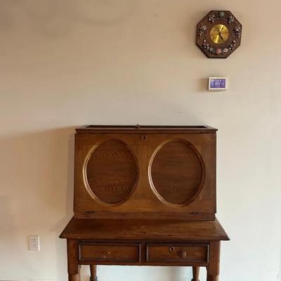 Drop Front Plantation Desk, Pol-O-Craft Clock And Decor