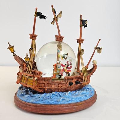 Disney Peter Pan Captain Hook Pirate Ship Musical Snow Globe Flying Scene Figurine