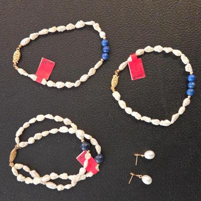 Freshwater Pearl & Lapis Lazuli Bracelets with 14K Yellow Gold Filigree Clasps, Plus Pearl and 14K Earrings