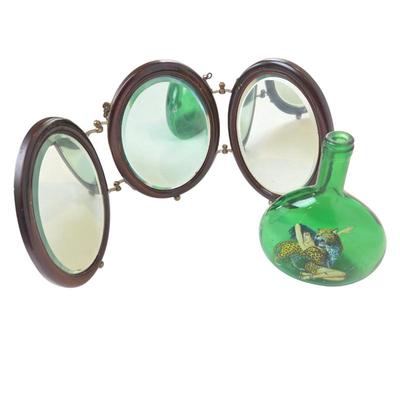 Antique Tri-Fold Vanity Mirror Wood Frame w/ Green Glass Perfume Bottle Boudoir Décor