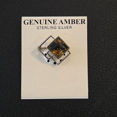 Genuine Amber Sterling Silver Pin Brooch Modern Geometric Design