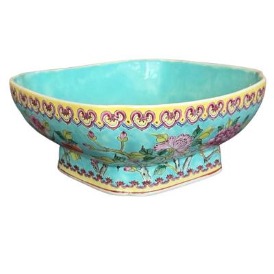 Chinese Famille Rose Porcelain Footed Bowl Hand Painted Floral Asian Porcelain Centerpiece