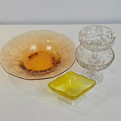 Lot #53 - Vintage Art Glass Bowl Lot Incl Indiana Glass Cut Crystal Yellow Amber Pedestal Compote Set