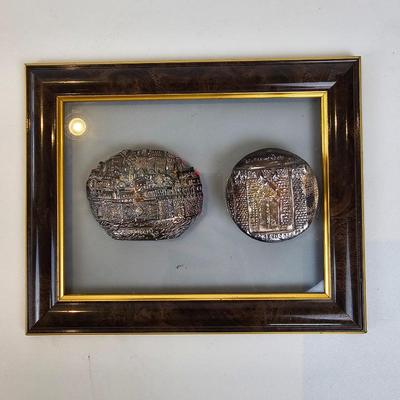 Lot #33 - Set of Sterling Silver & Gold Plated Sculptures Depicting Jerusalem, Framed w/ Glass on Front & Back.