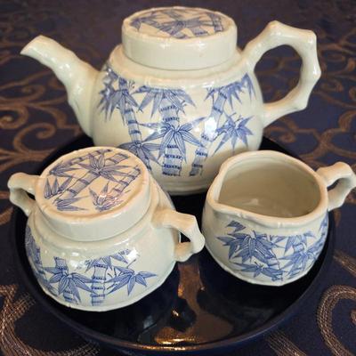 Vintage Japanese Blue & White Bamboo Tea Set Teapot Sugar Creamer Tray Ceramic