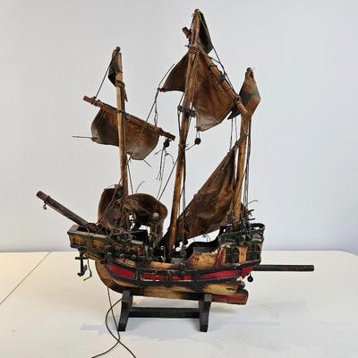 Lot #34 - Vintage Wooden Sailing Ship Model Spanish Galleon Nautical Decor Tall Mast