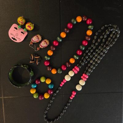 Colorful Hand Painted Wood Beaded Jewelry Lot Necklaces Bracelets Earrings Including Fanny Fouks France