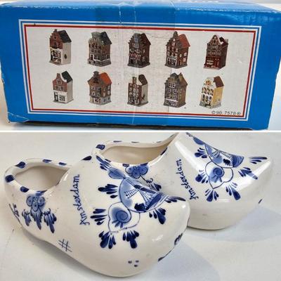 Lot #55 - Vintage European Decor Lot Delft Blue Shoes Mini Holland Houses Boxed 