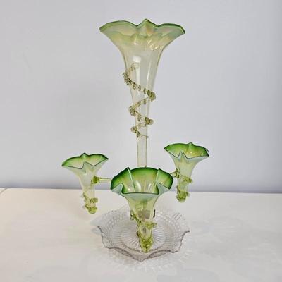 Lot #1 - Vintage Art Glass Epergne Green Vaseline Style Trumpet Flower Centerpiece