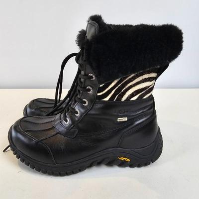 Lot #93 - UGG Women’s Black Leather Winter Boots Vibram Sole Fur Lined Zebra Trim