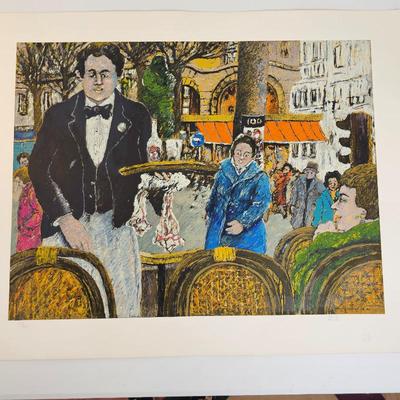 Lot #77 - Israeli Artist David Azuz Limited Edition 151/200 Signed Lithograph Titled Waiter In Cafe Margolin