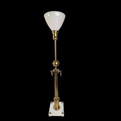 Lot #2 - Vintage Brass Stiffel Torchiere Floor Lamp Marble Base Milk Glass Shade Mid Century Hollywood Regency Style