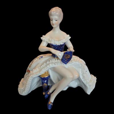 Vintage Limoges China Lady Figurine Victorian Style Blue White Dress Lace Details