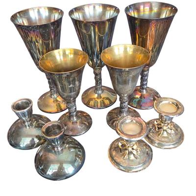 Vintage Silverplate Goblets & Candlesticks Mixed Lot Iridescent Patina Bar Decor