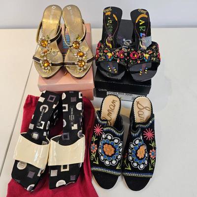 Lot #95 - Women’s Designer Fashion Mule Sandals Lot Min Min, Carlos Santana, Sam Edelman, Bruno Magli Embroidered Heels