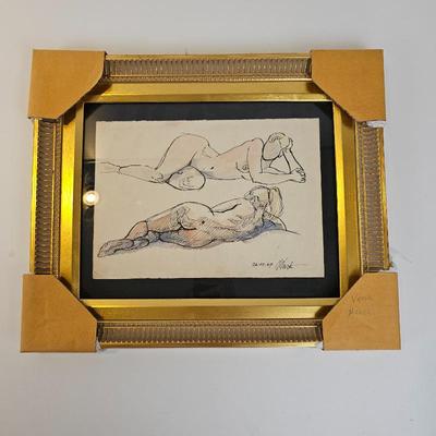Lot #8 - Original Victor Nerts Ink & Wash Nude Figure Drawing Signed Dated 1969 Framed Art Sketch