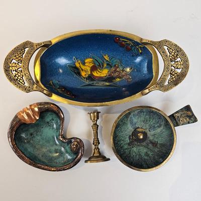 Lot #3 - Vintage Judaica Collectibles From Israel. Brass, Copper Enameled Tray Candlestick Desk Decor, Taya Jerusalem, Oppenheim