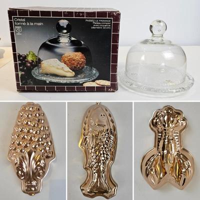 Lot #83 - RCR Italian Crystal Cheese Dome & Plate Plus Vintage Copper Mold Lot (3) – Kitchen Décor