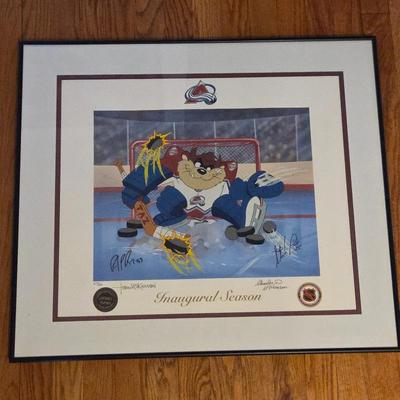 Signed Patrick Roy Stephane Fiset Colorado Avalanche Inaugural Season Lithoserigraph Taz Looney Tunes Framed