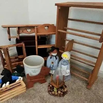 Wooden Magazine & CD Racks with Pilgrim Dolls and Blue Crown Stoneware Crock