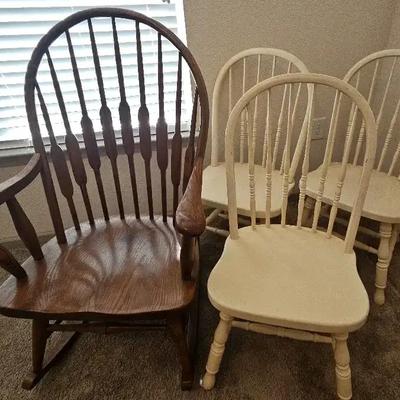 Wooden Rocking Chair and Painted Wooden Side Chairs