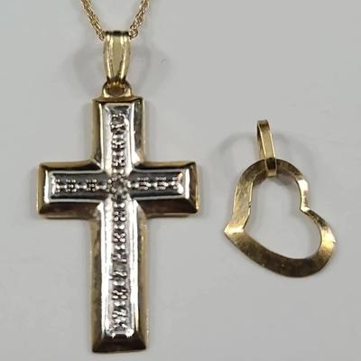 14K Cross Necklace With Diamond Accents And 14K Heart Pendant 