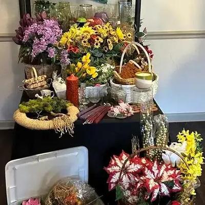 Longaberger Basket with Faux Flower Arrangements, Glass Vases & Decorative Accessories