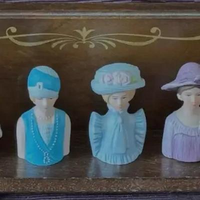 Lot 177:  Vintage Victorian Lady Bust Figurine Set on Wooden Display Stand – 8-Piece Decorative Coll