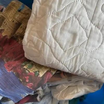 Lot 181: Tote Of Linens.. Sheets, Mattress Cover, Blanket