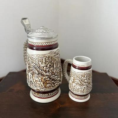 307: Avon Handcrafted Brazilian Stage Coach Beer Stein with Pewter Lid & Mini Mug Set  This vintage 