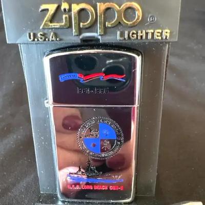 Lot 621:  Zippo USS Long Beach CGN-9 Commemorative Lighter (1961–1995) w/ Case & Tie Clip 