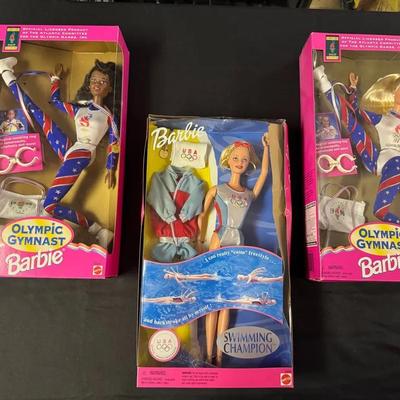 221: 1995 Atlanta Olympics Gymnast Barbies Plus 1999 0lympic Swimmer Barbie