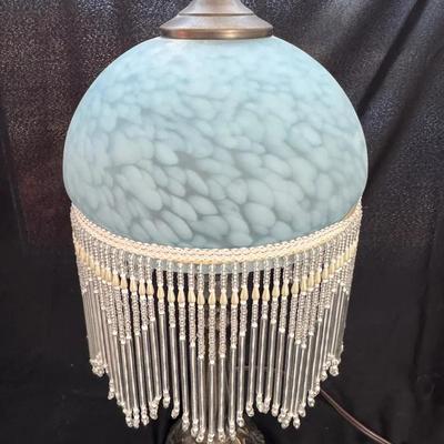 Lot 655:  Vintage Beaded Fringe Table Lamp with Textured Glass Dome Shade