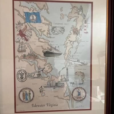 Lot 676:  Framed “Tidewater Virginia” Illustrated Map Print – Chesapeake Bay Coastal Art
