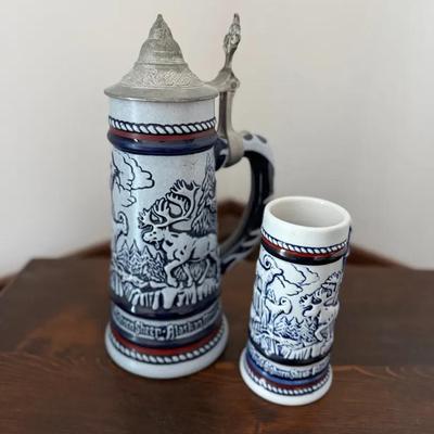 305: Avon Hunting Scene Ceramic Beer Stein with Pewter Lid and Matching Mini Stein Set